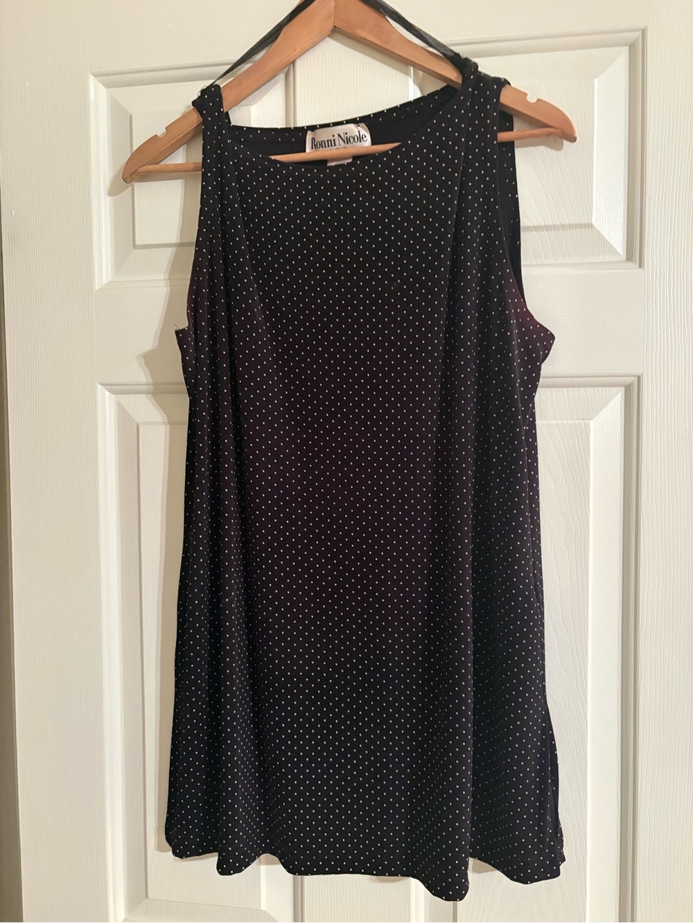 Vintage Ronni Nicole by Ouida Black w white Pokadots Sleeveless Tunic Top Sz 16
